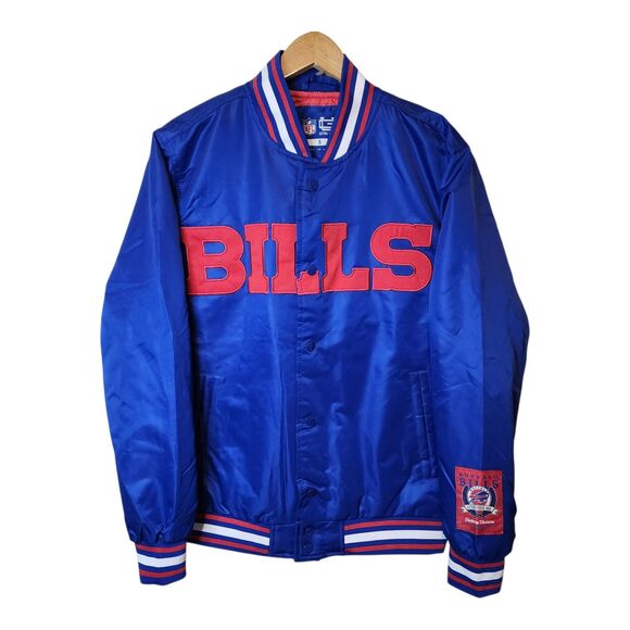 Buffalo Bills Jacket Varsity Satin Bomber NFL Button Mens Small Embroidered - Picture 1 of 10